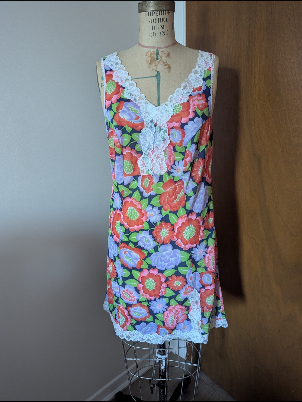Vintage Colorful Floral Lace Trim Slip Dress